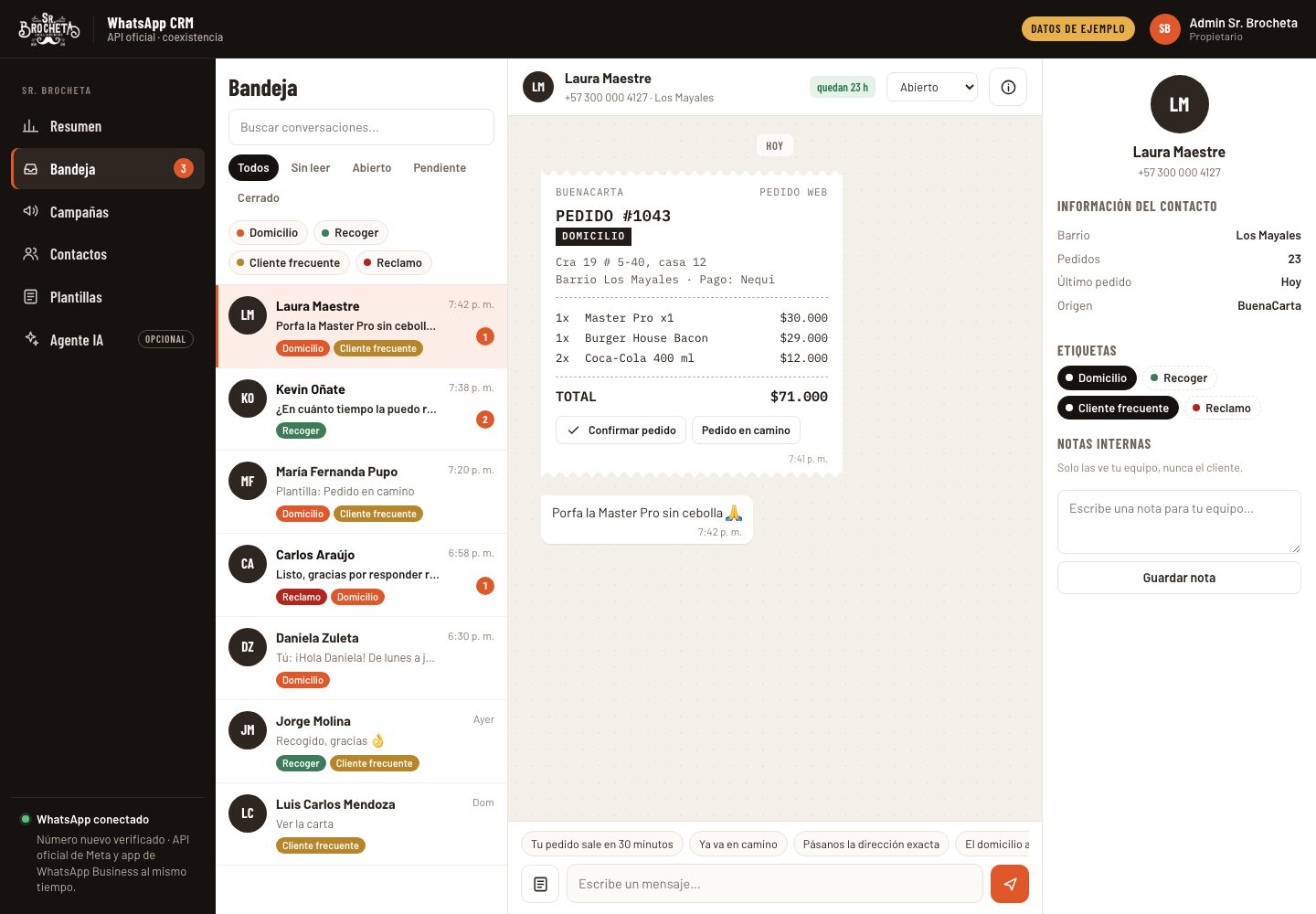 Bandeja de conversaciones con un pedido de BuenaCarta en forma de comanda